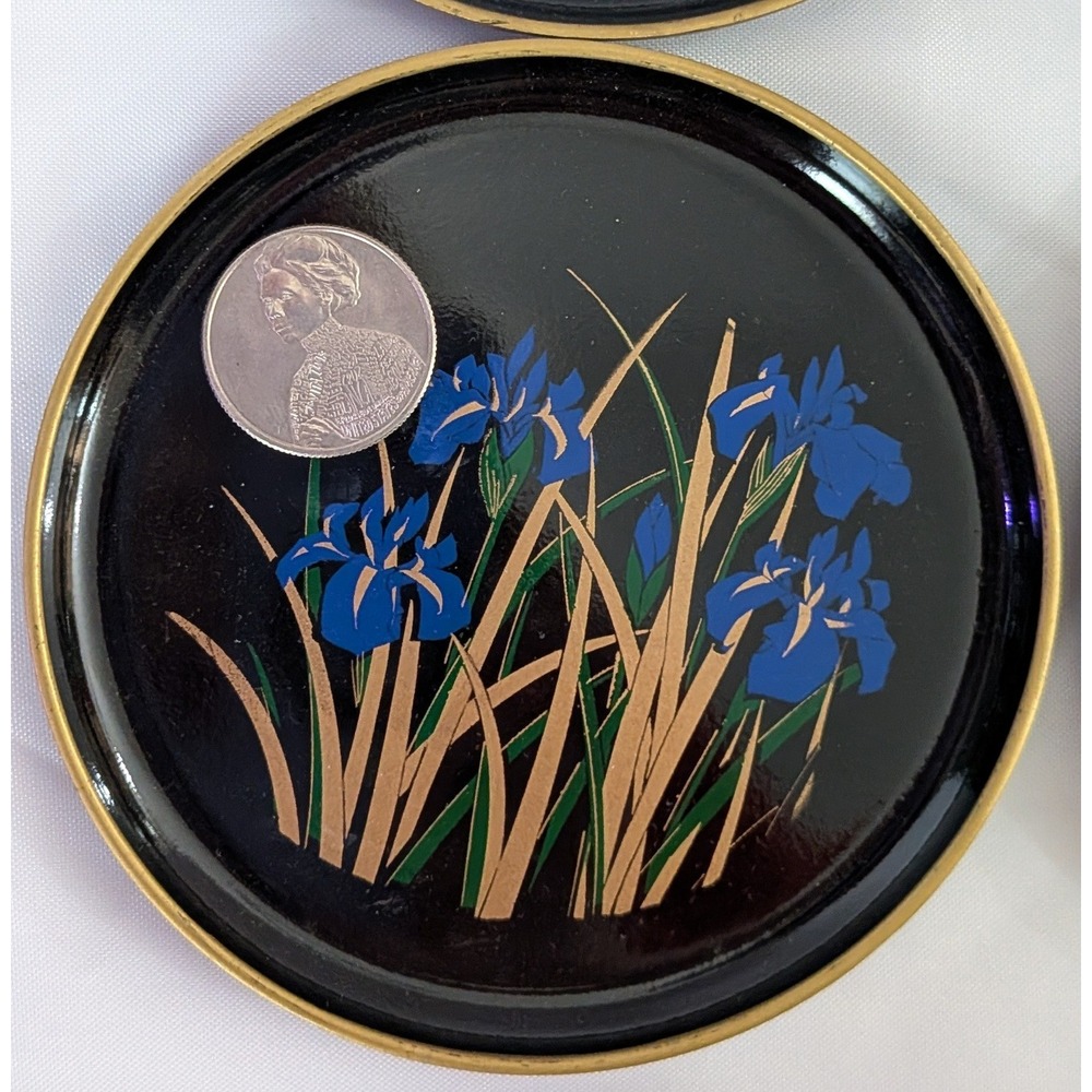 Toyo Lacquerware Coaster Set Unisex OS Black Good Blue Iris Floral Japan Vintage - Picture 5 of 5